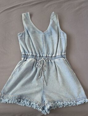 Light Blue Denim Kids Romper with Drawstring Waist